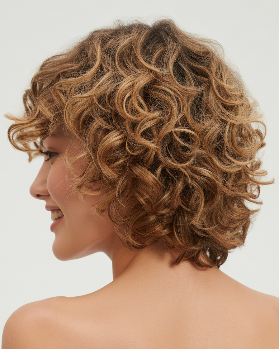Shaggy shoulder-length curly haircut, providing movement, texture, and volume with soft, natural layers.