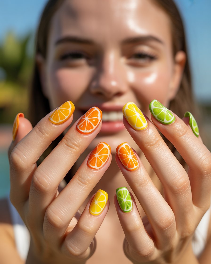 Pretty girl with citrus fruit nail art, adding a zesty summer touch to her look.