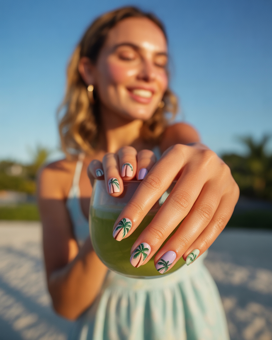 Tropical palm tree nail art on a soft pastel base, perfect for a summer vacation look.