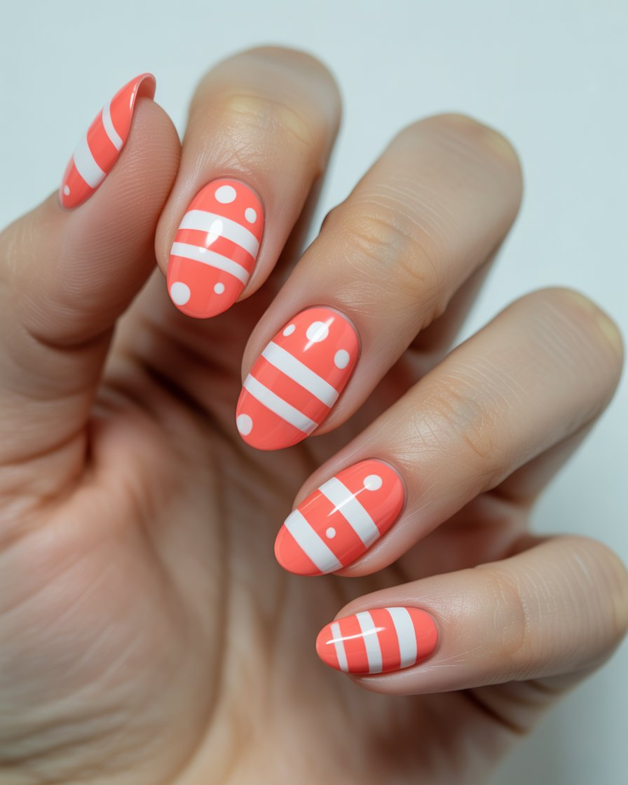 Coral nails with white stripes and dots for a playful, contemporary look.