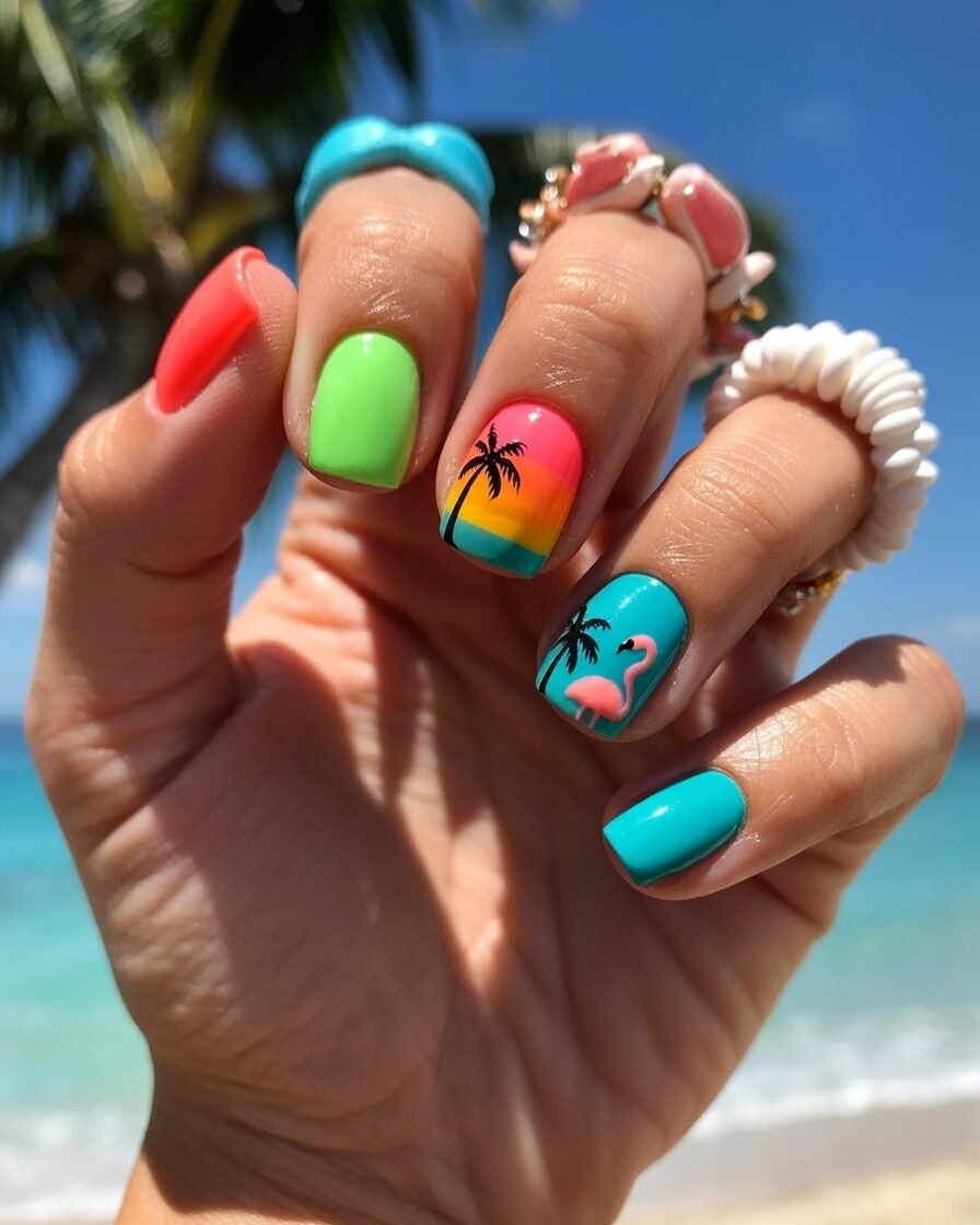  Tropical palm print short square nails for a vibrant summer vibe.