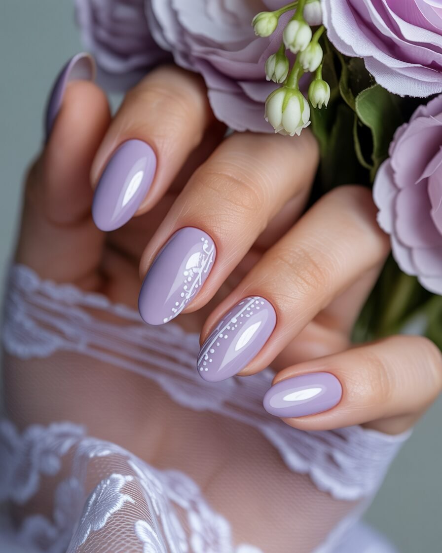  Lavender wedding nails with white lace art, ideal for a delicate and romantic bridal style.