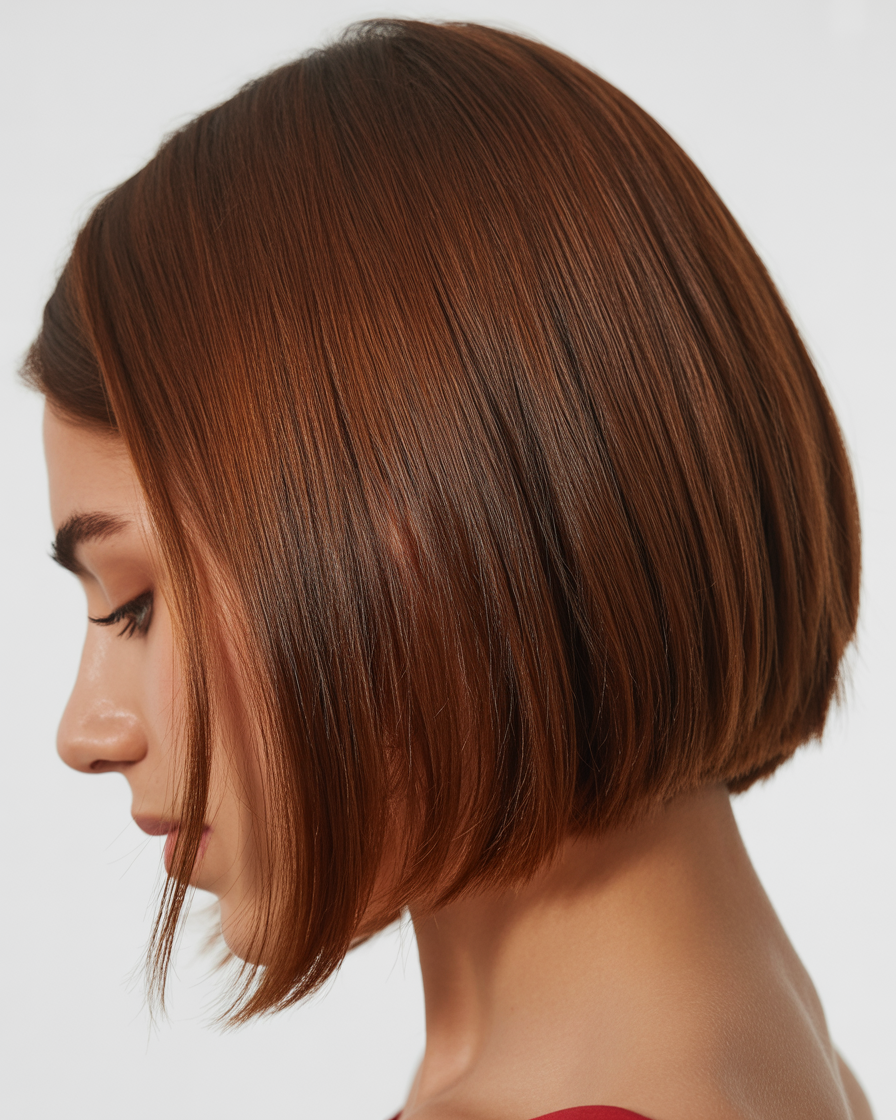 Chestnut brown lob hairstyle, offering a sleek and modern look with a deep, warm color.