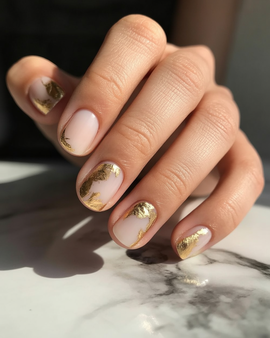 Metallic gold leaf nails with beige base and gold flakes.