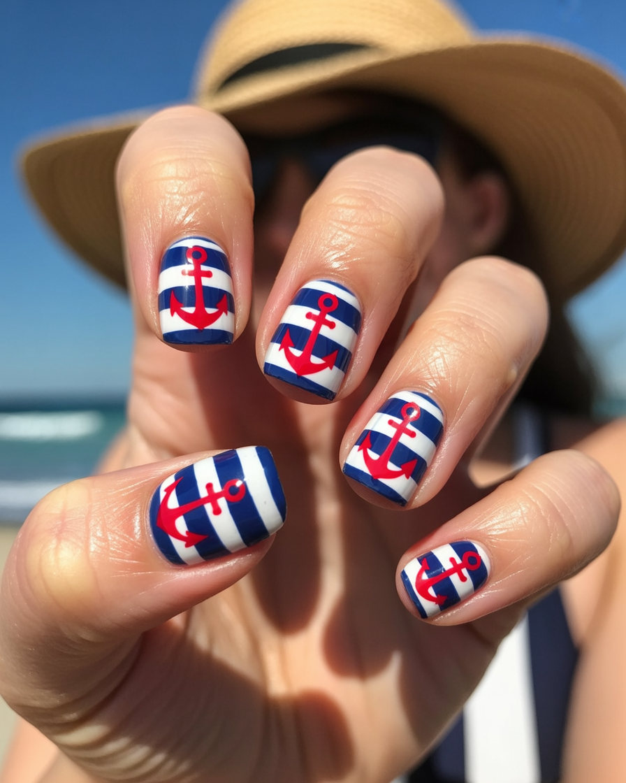 Nautical striped short nails with anchors and red accents, ideal for a beach day look.