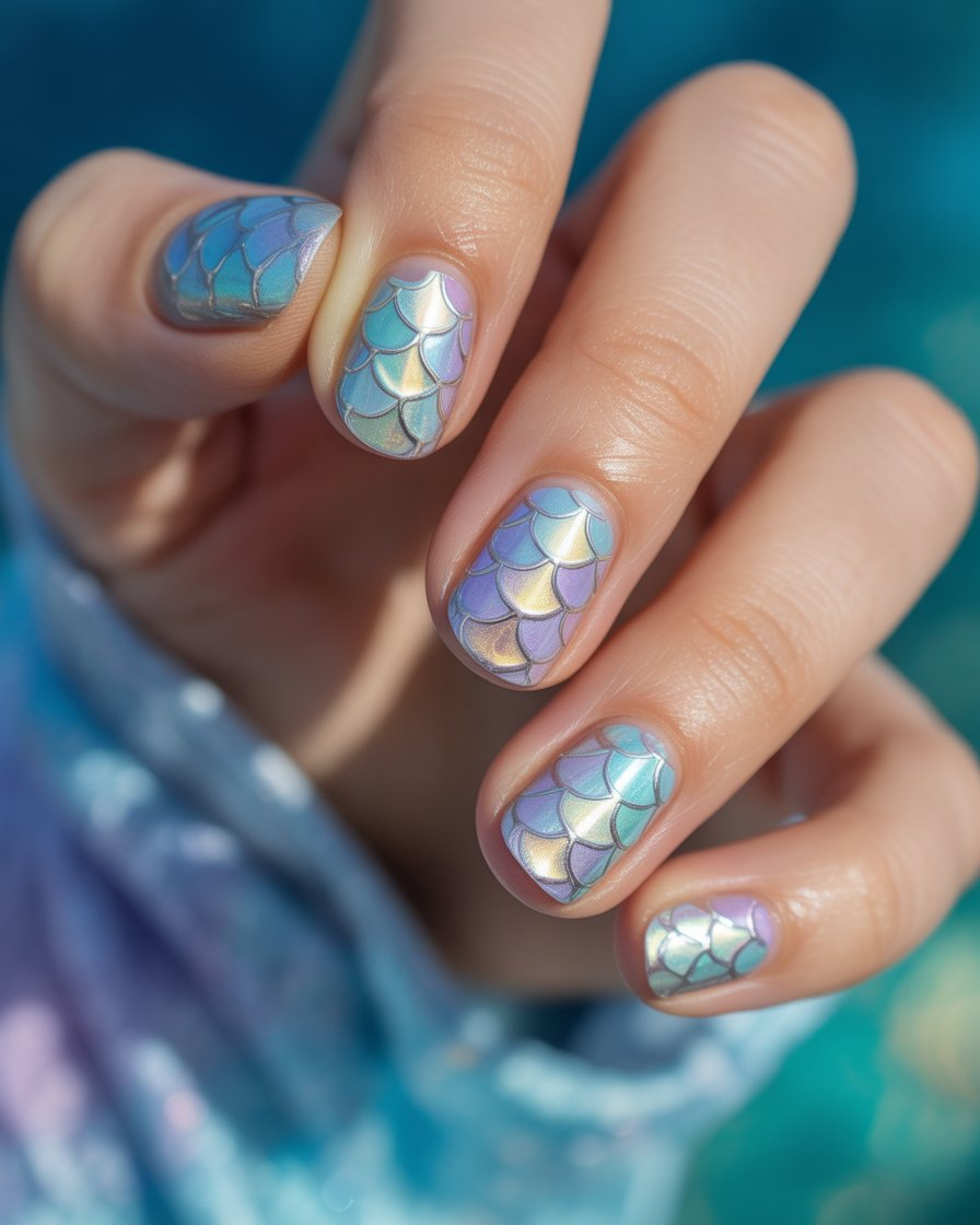 Pretty girl with shimmering mermaid scale nails, perfect for a mystical summer look.