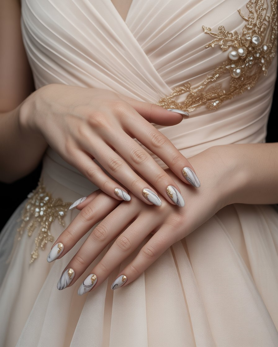 Marble nails with gold accents for a sophisticated, luxurious prom design.