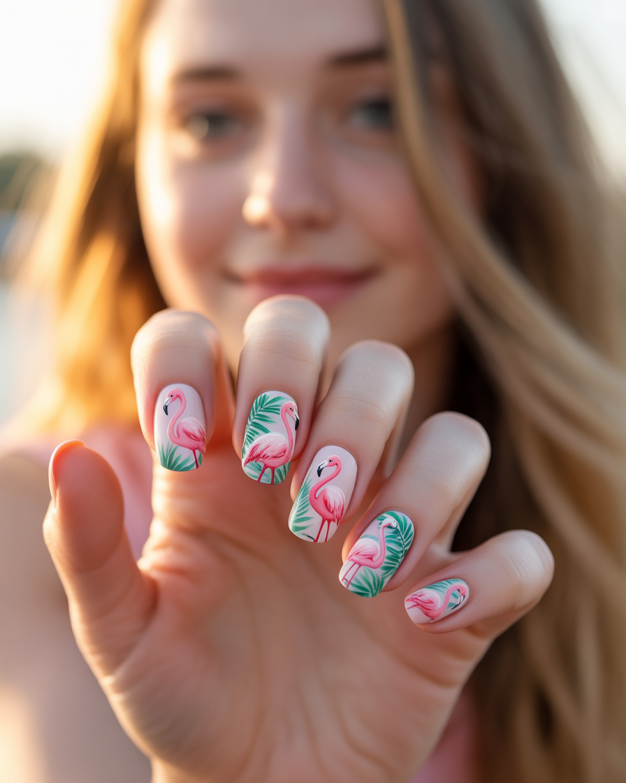  Pretty girl with flamingo nail art, adding a tropical touch to her summer look.
