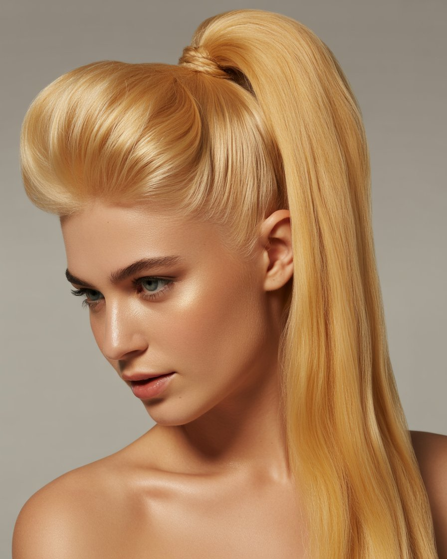 High ponytail with golden blonde hair, creating an elegant and sleek look with added volume at the crown.