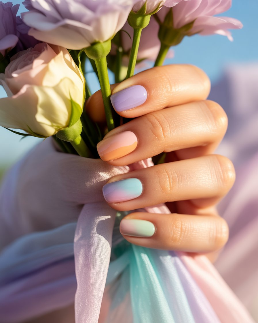 Pastel ombré nails in soft spring-inspired colors.