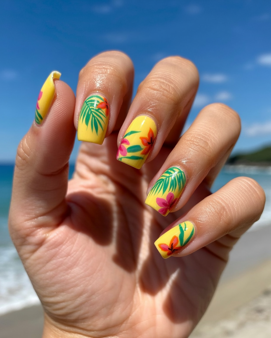 Tropical short nails with palm leaves and floral designs on a sunny yellow base, perfect for beach lovers.