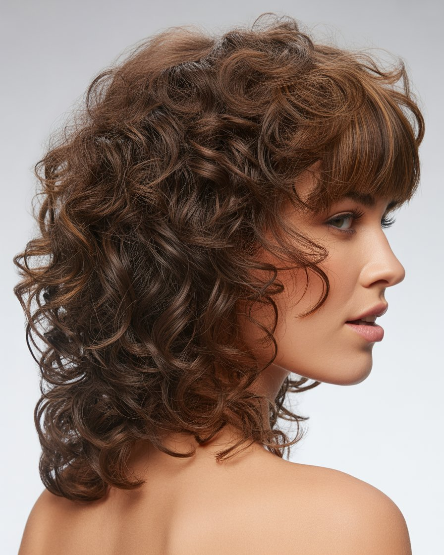 : Curly shag hairstyle with fringed bangs, adding drama and volume with textured curls and full, voluminous bangs.