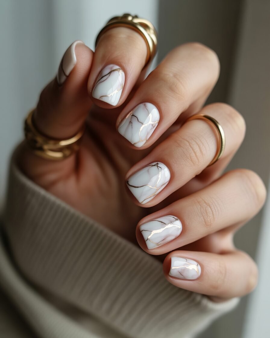Marble design short square nails for a luxe and refined style