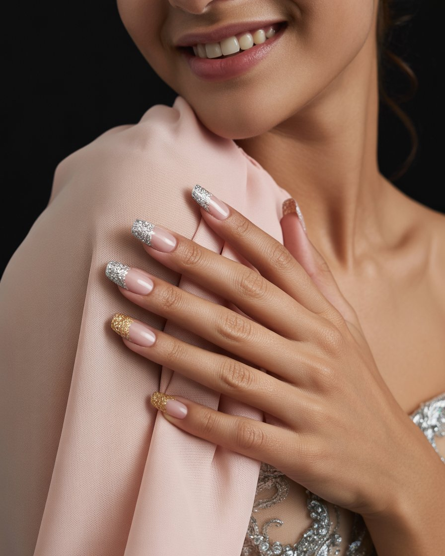 Silver and gold glitter French tips for a sparkling, sophisticated prom style