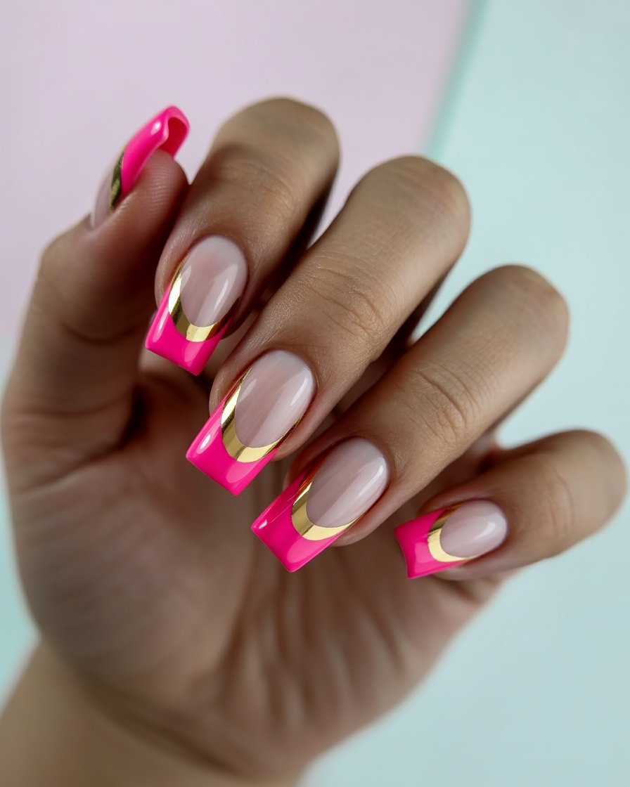 Square nails with pink and gold modern French tips.