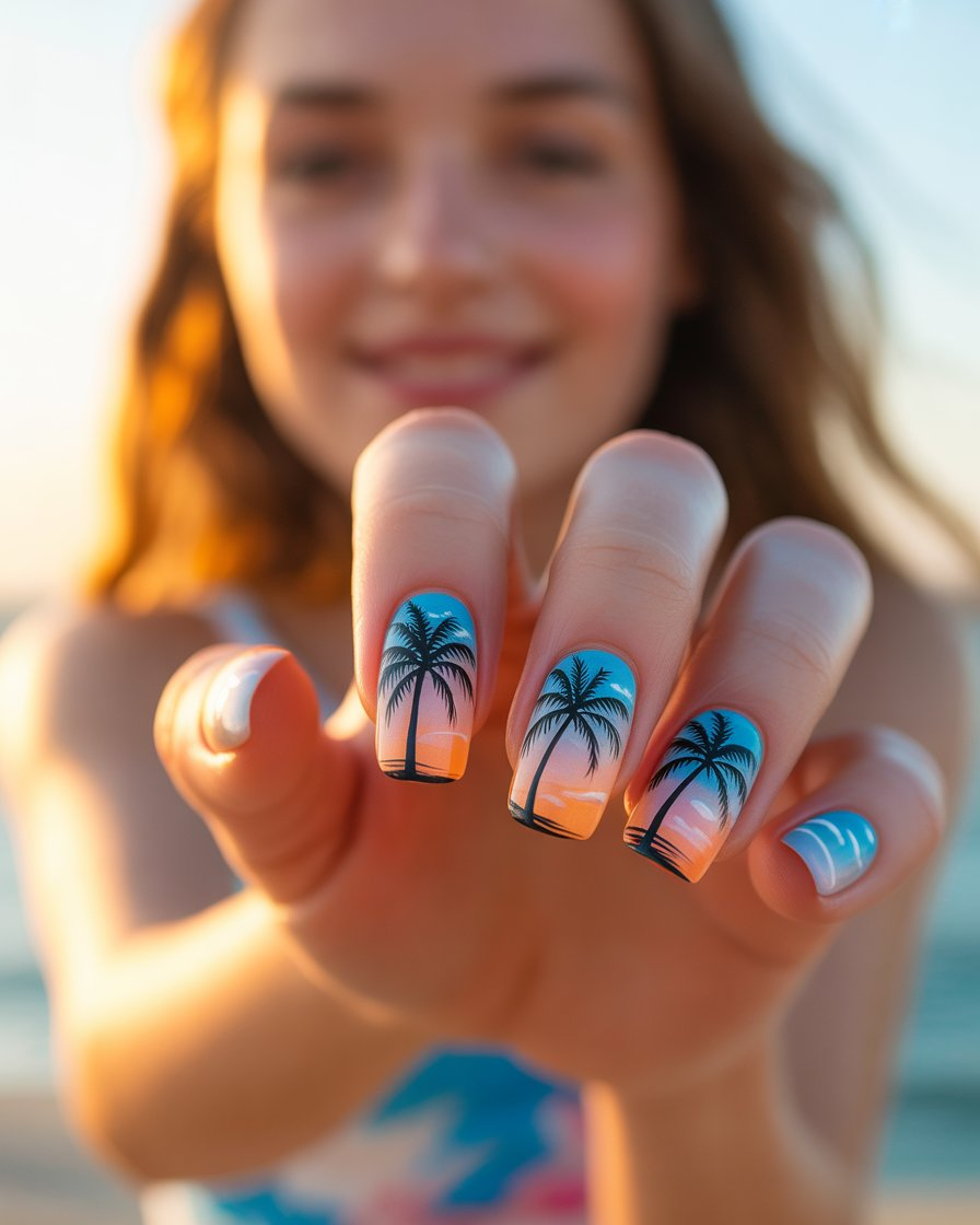 Pretty girl with tropical palm tree nail art, perfect for a beachy summer vibe.