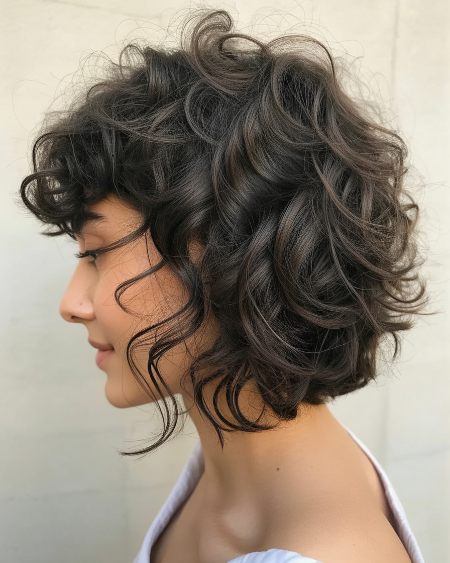 Shaggy lob with curly layers, providing a chic and textured look with defined curls and elegant length.