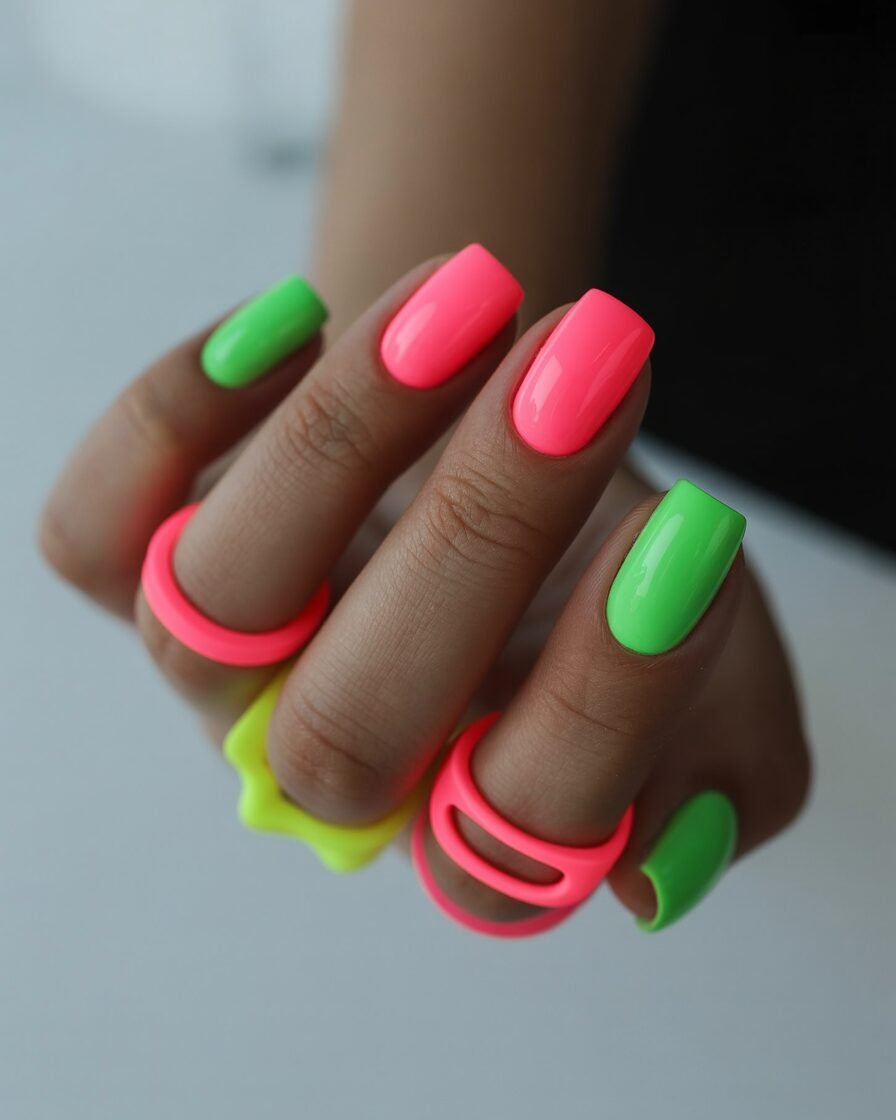 Neon short square nails for a lively and fun summer statement.