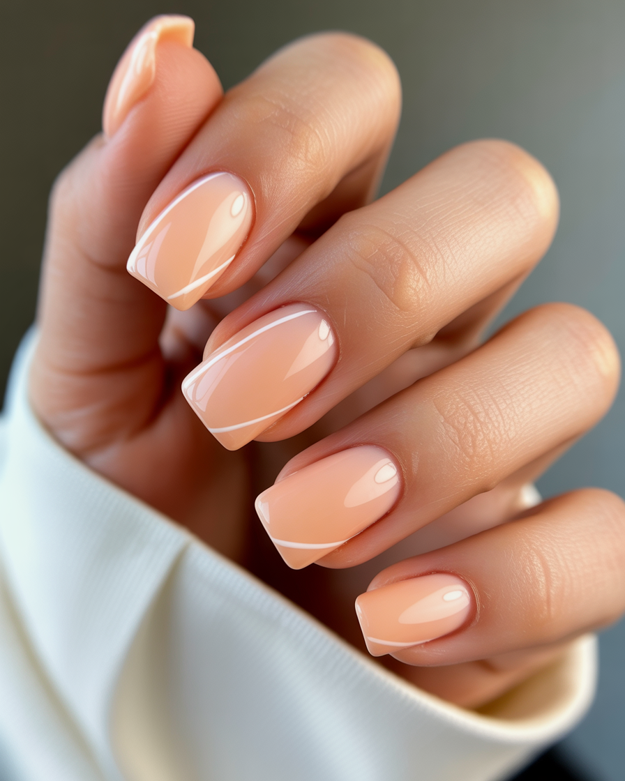 Peach and white square nails with minimalistic stripe design.