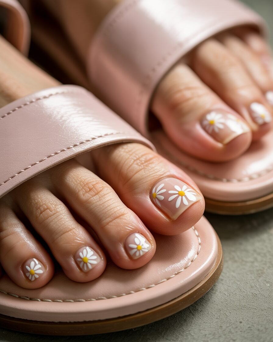 Floral toe nails with hand-painted daisies