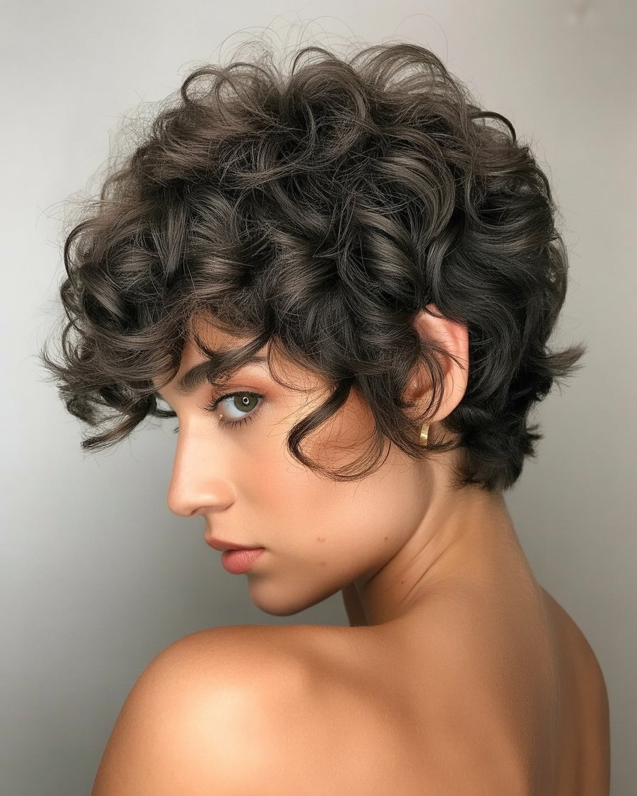 Shaggy curly pixie cut, offering a bold, modern look with voluminous curls and soft, layered texture.
