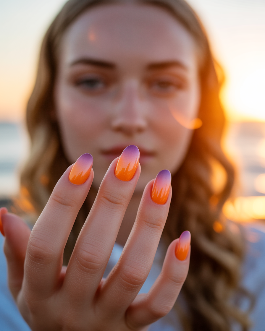  Pretty girl with sunset gradient nails, inspired by the warm hues of a summer evening.