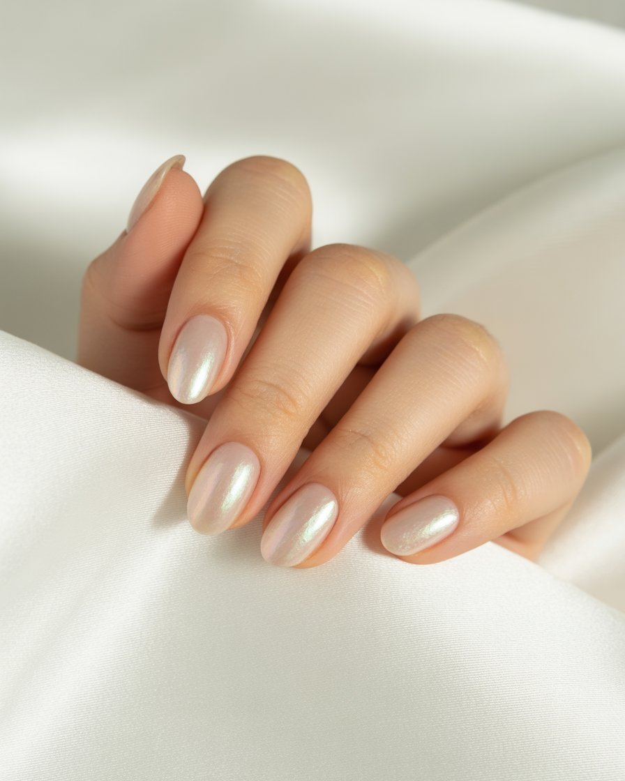 Pearly nude glazed donut nails with shimmer effect.
