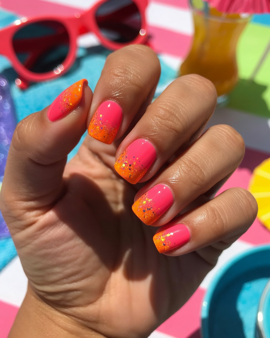 Bold neon pink and orange short nails with an ombre effect, perfect for a lively summer vibe