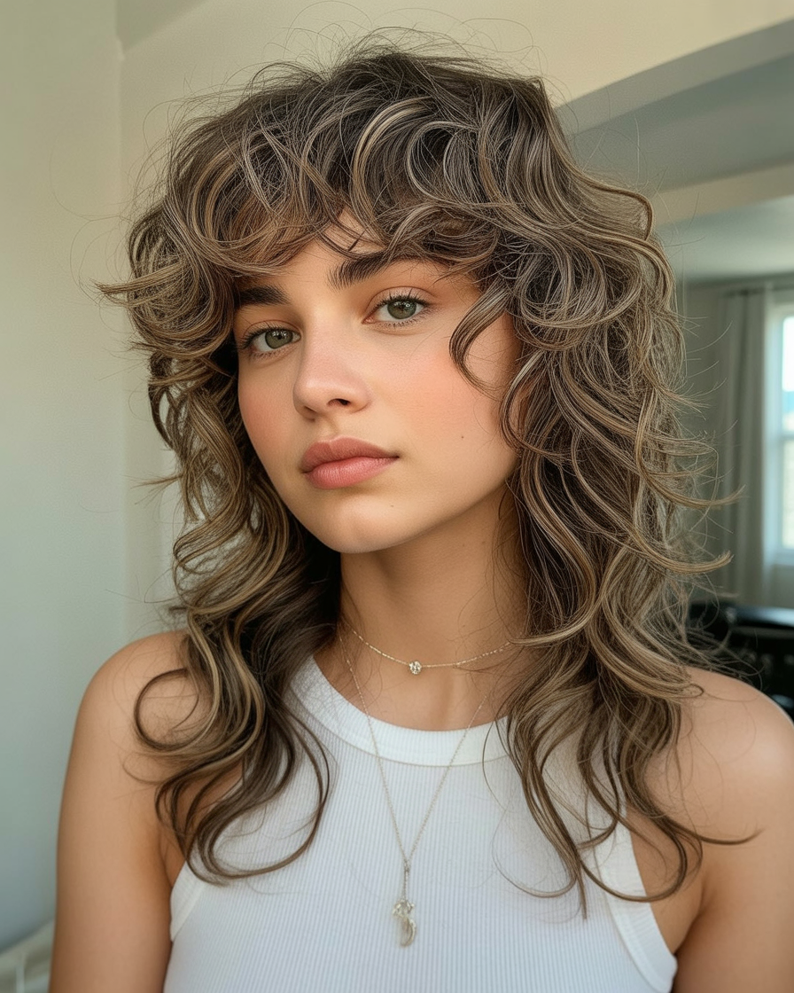  Long shaggy curly haircut with wispy layers, offering an airy, textured look with soft layers for added movement.