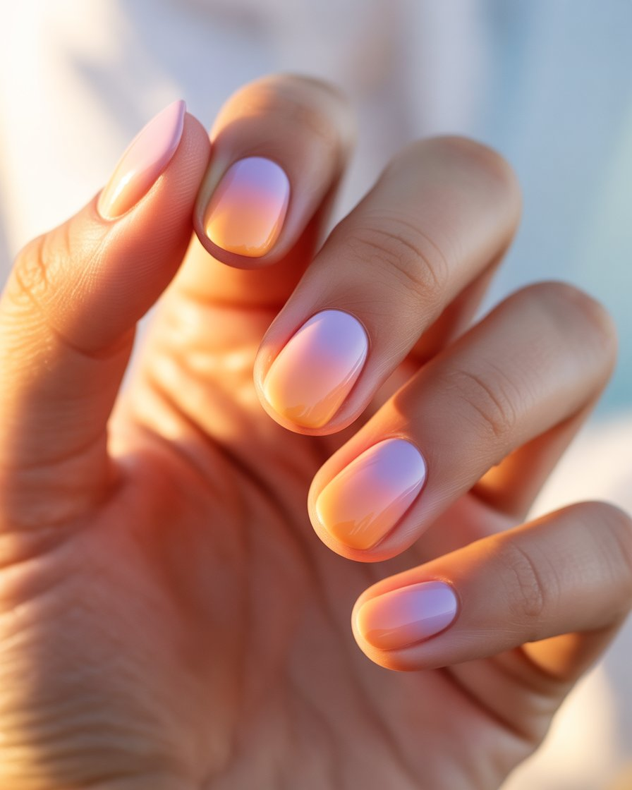 Pretty girl with pastel sunset nails, perfect for a peaceful summer evening look.