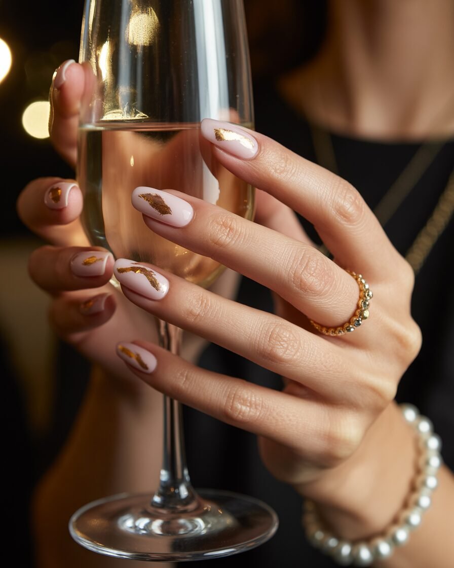 Gel nails with gold foil accents on a blush pink base.