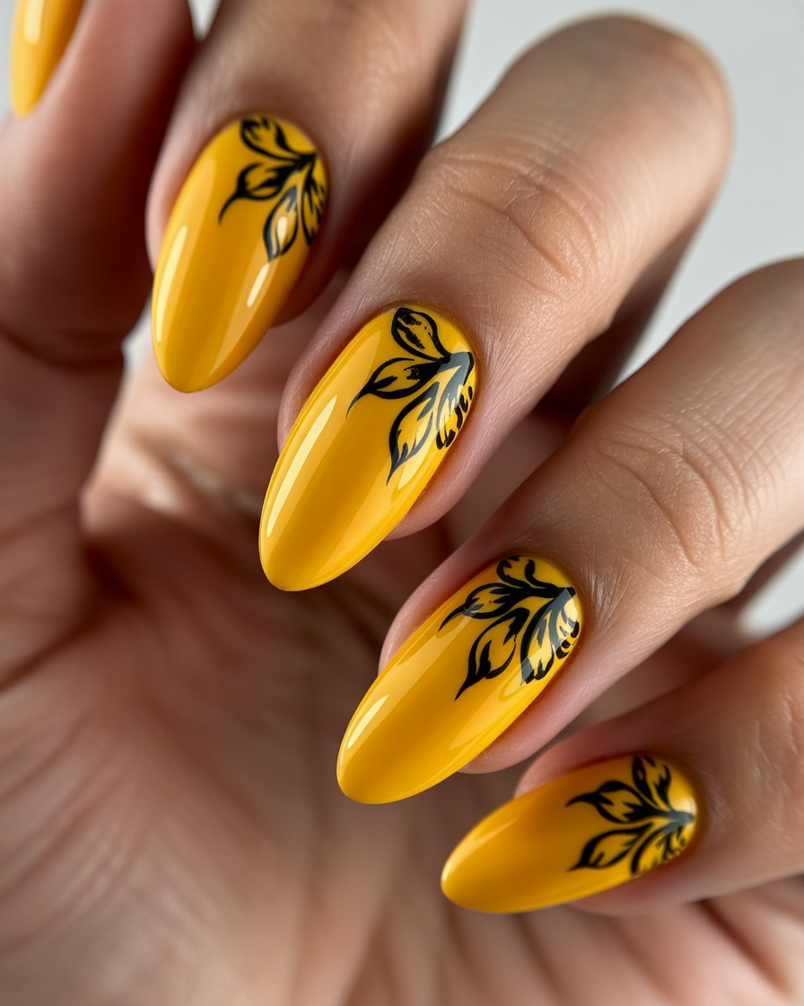 Yellow nails with black floral accents.