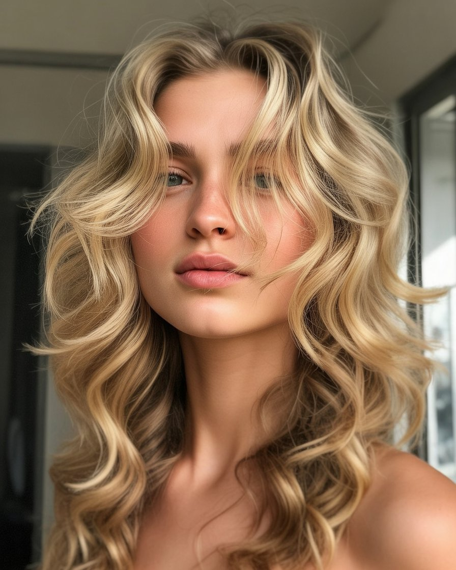 Beachy blonde waves with tousled texture, perfect for a relaxed and natural look.