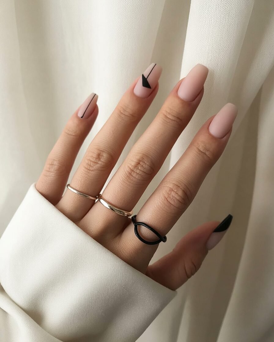 Matte nude wedding nails with black geometric art, offering a modern and edgy bridal style.