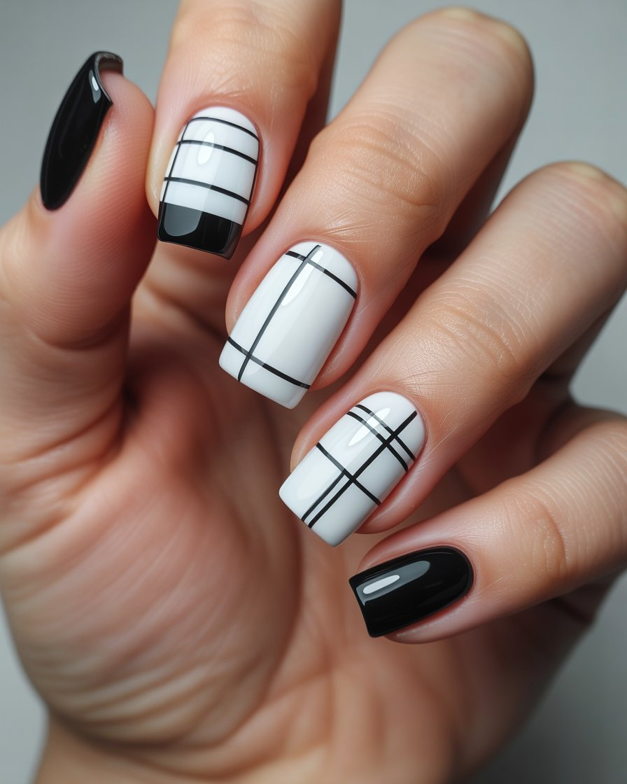 Chic square nails with bold geometric patterns in black and white.