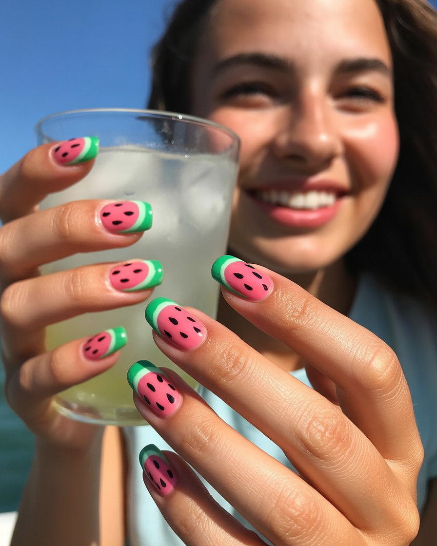 Fun watermelon nail art with pink, green, and black details, perfect for summer