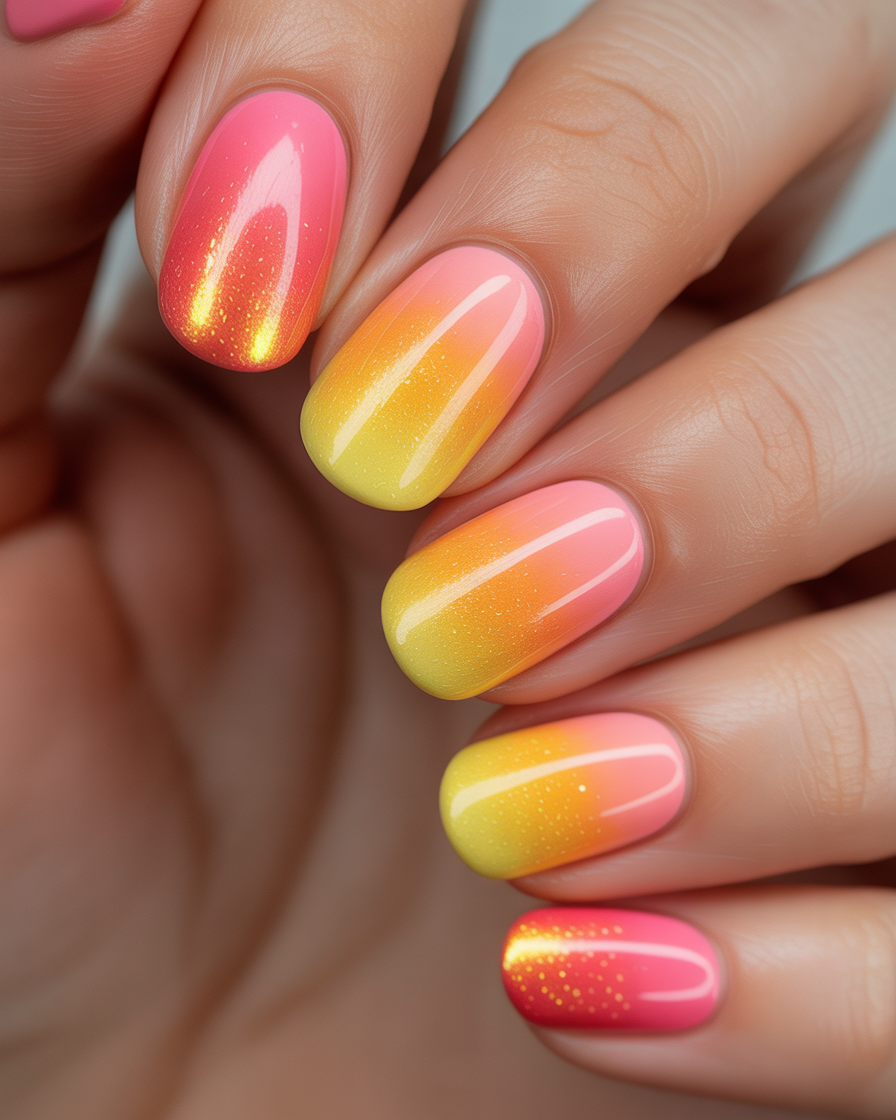 Soft sunset gradient nails with pink, yellow, and coral hues.