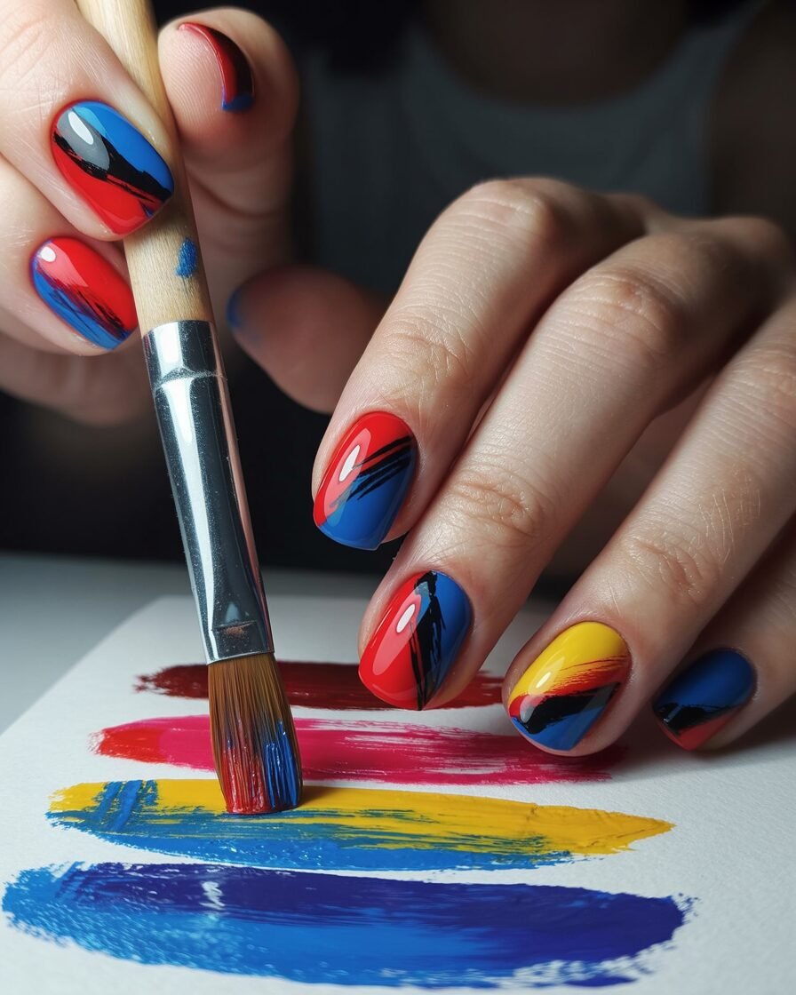 Abstract art gel nails with bold, colorful strokes and black accents.