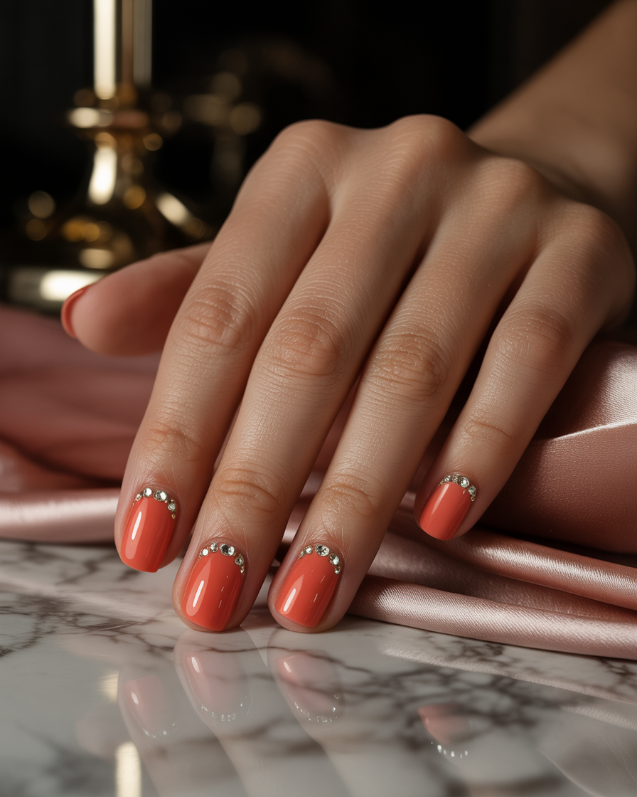 Coral nails with rhinestones for a glamorous and sparkling finish.