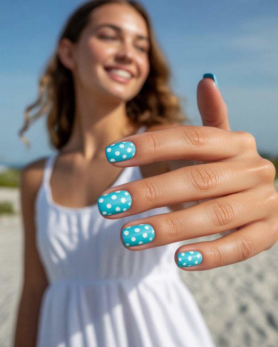 Polka dot nails in turquoise with white dots, perfect for a playful summer vibe.