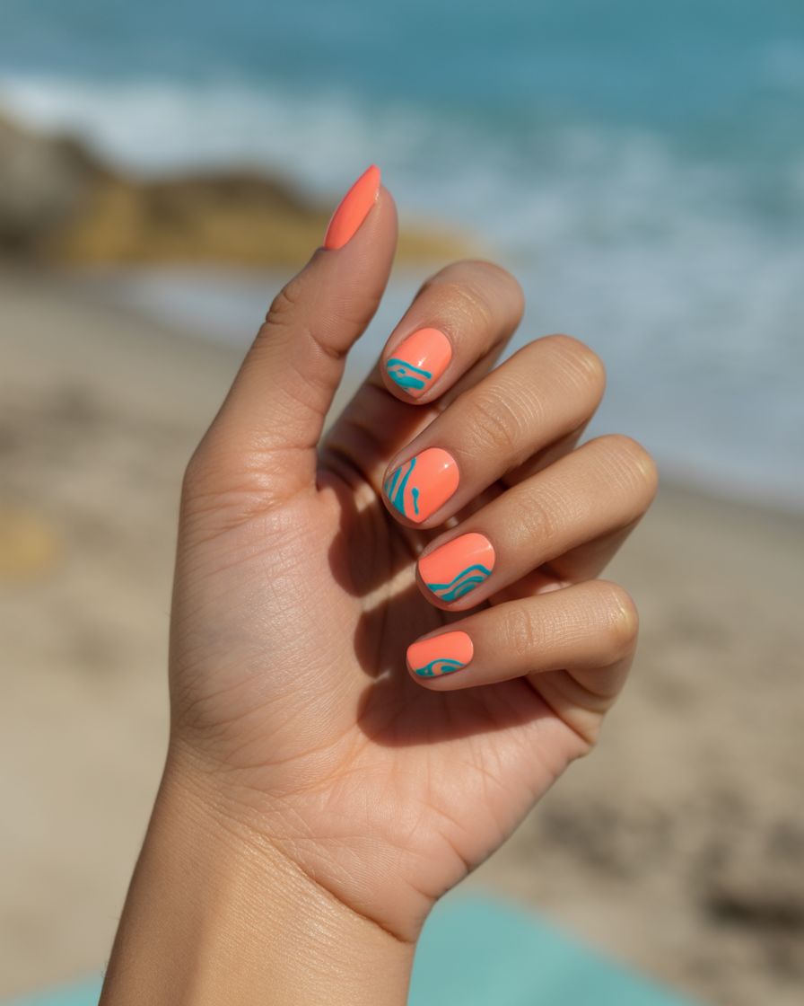 Coral nails with turquoise accents for a fun and tropical design.
