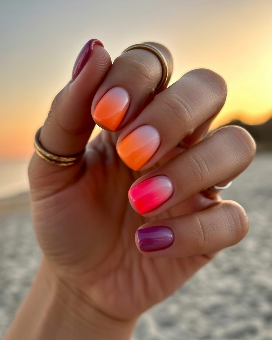 Sunset gradient short square nails for a warm, glowing effect.