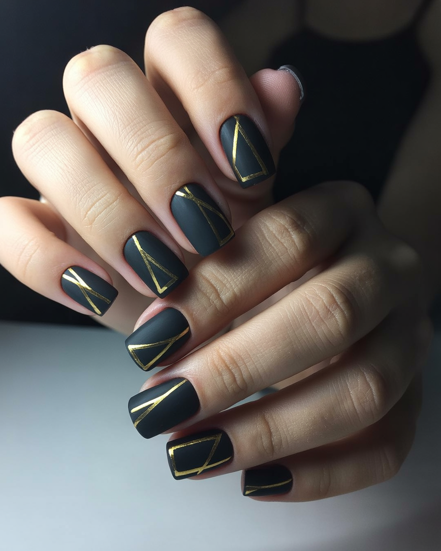 Bold black and gold square nails with a sleek matte finish.