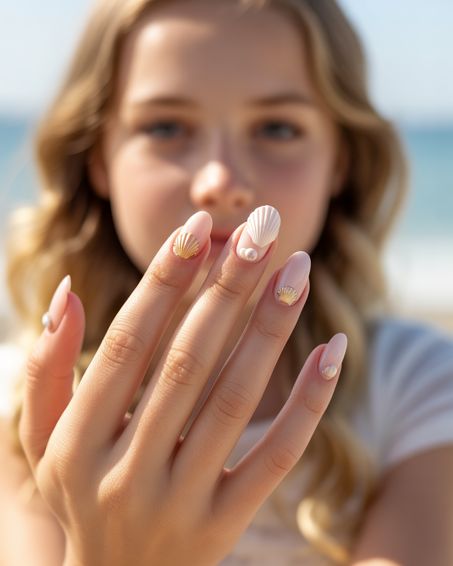 Pretty girl with seashell nails, adding a coastal touch to her summer look.