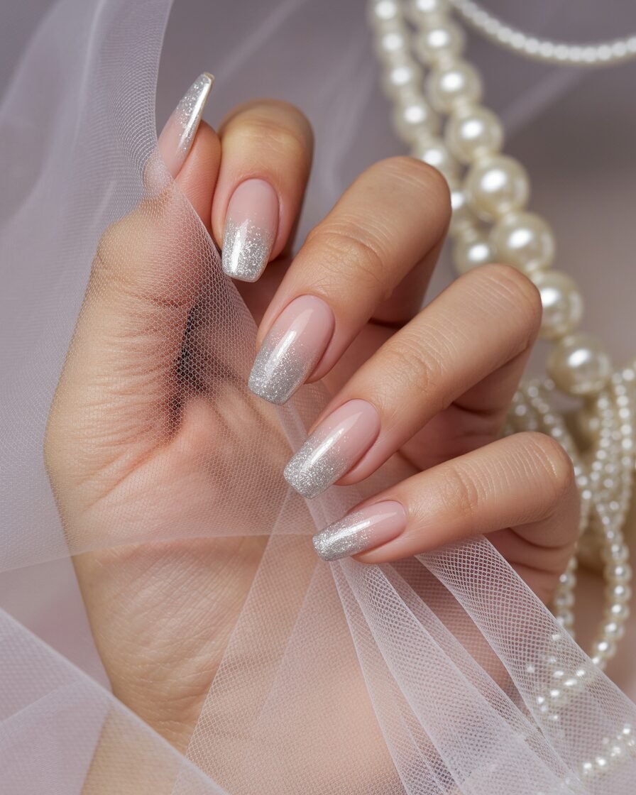 Silver ombre wedding nails with shimmer, creating a glamorous bridal finish.
