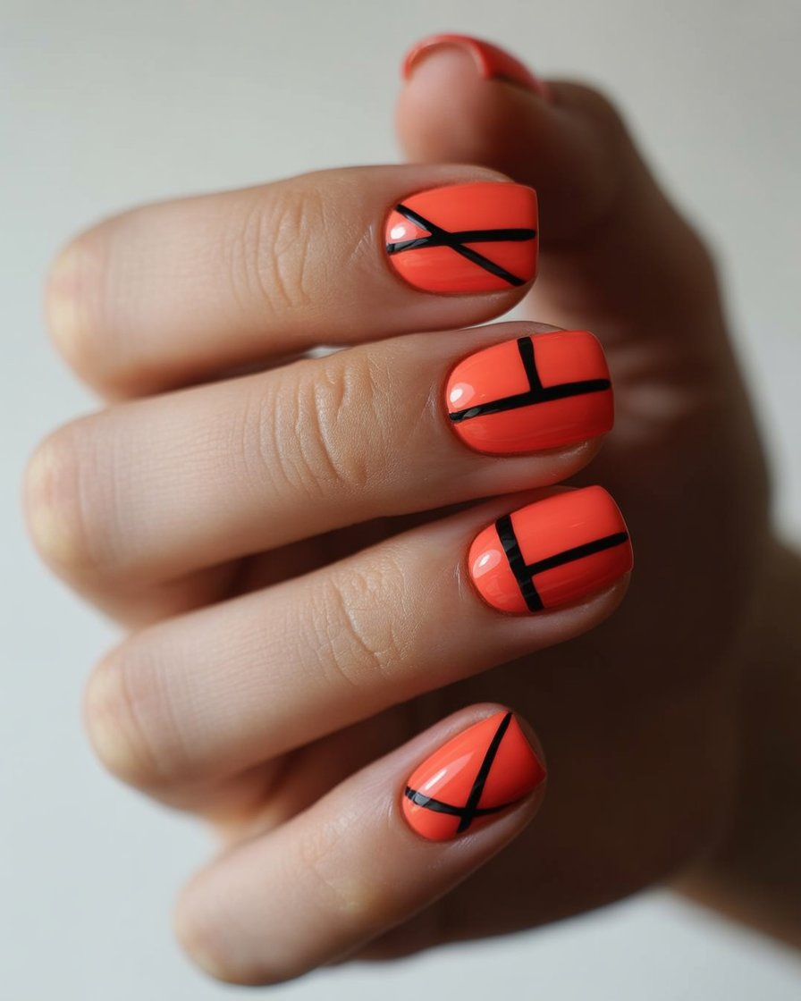 Coral nails with bold black geometric patterns for a stylish, modern design.