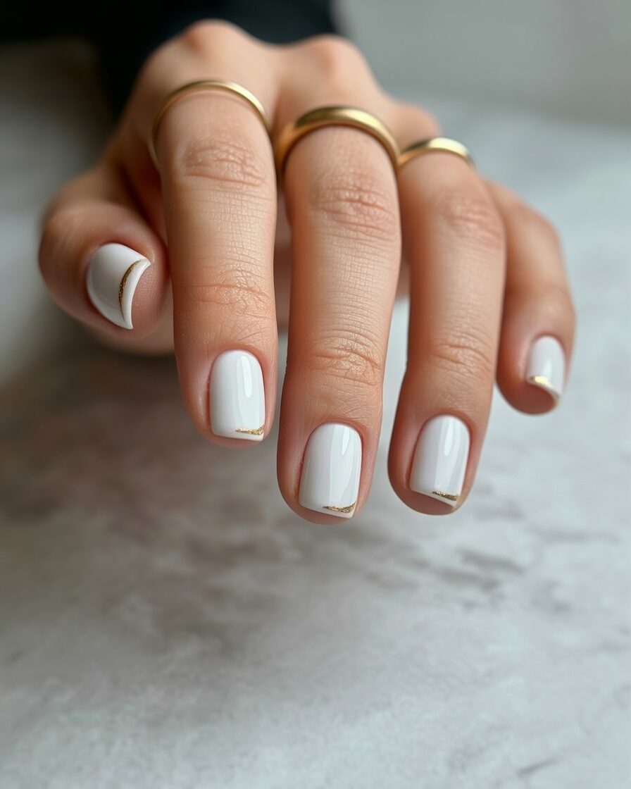Clean, minimalist white short square nails with gold accents for a chic look.