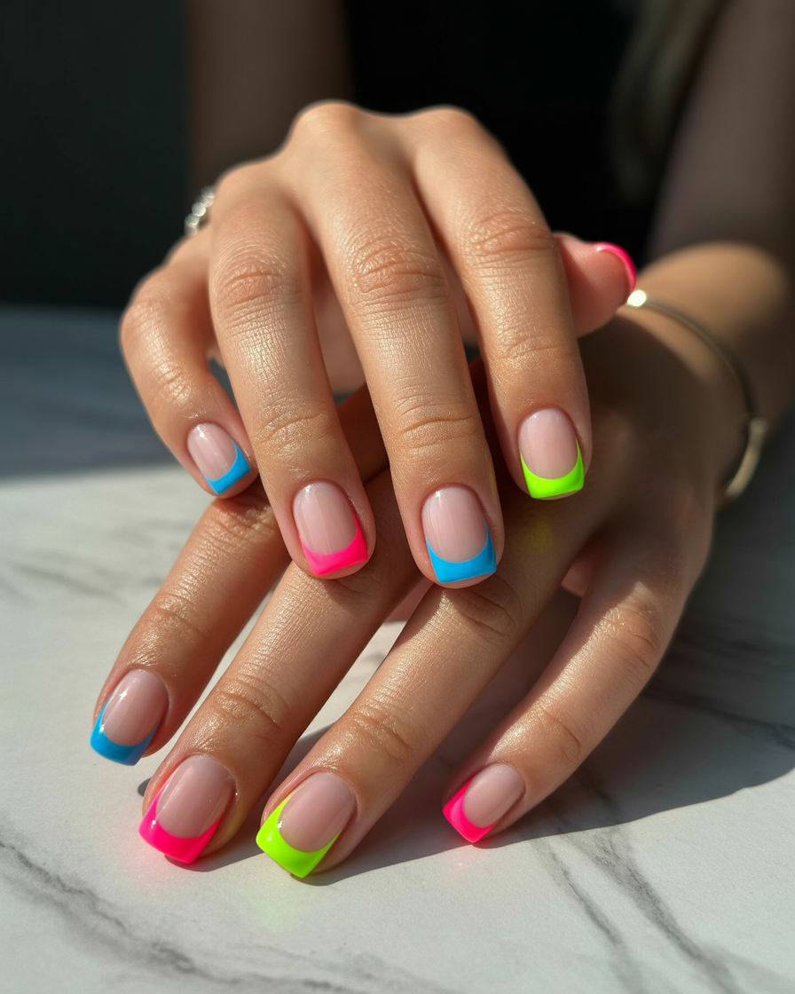 Neon French tip nails with bright pink, lime green, and electric blue.