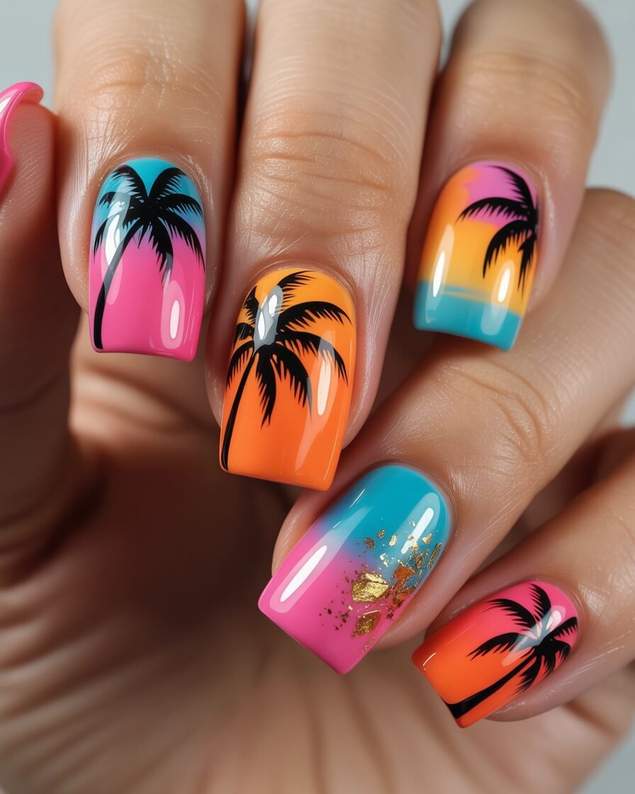 Tropical gel nails with palm trees and sunset gradient shades.