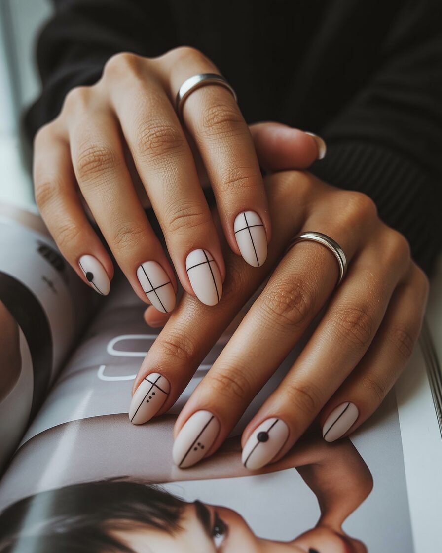 Minimalist gel nails with geometric shapes and fine lines.
